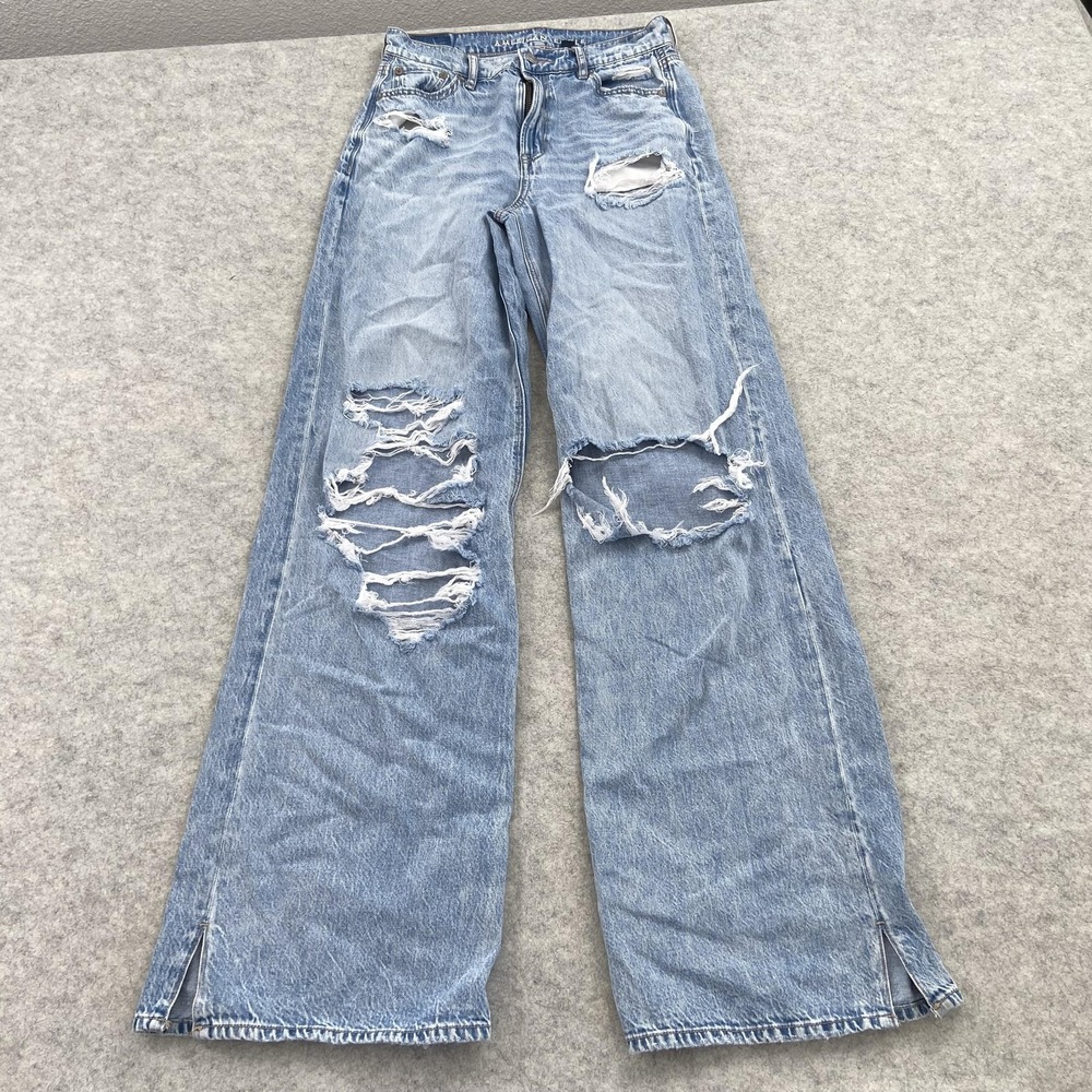 American Eagle Baggy Wide Leg Jeans Womens 0 Tall (27x33) High Rise Distressed